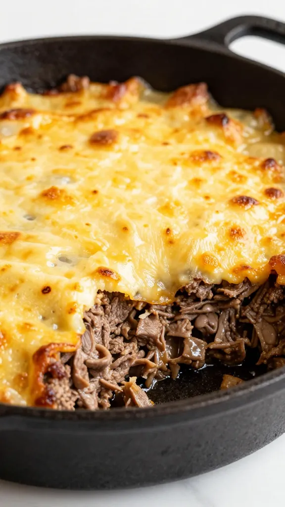 Bubbly beef casserole in cast-iron, golden cheese top