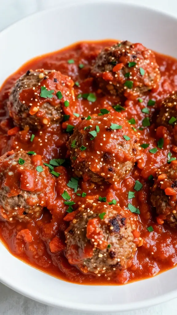 Saucy beef meatballs in marinara, garnished with parsley
