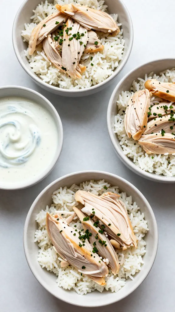 Leftover chicken rice bowls with yogurt herb sauce