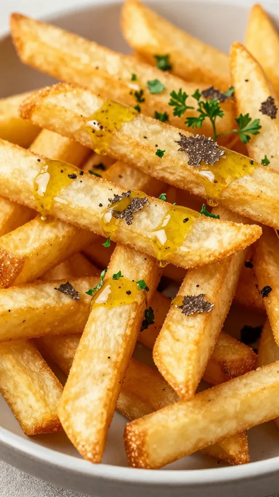 crispy russet fries with truffle oil drizzle, parsley garnish