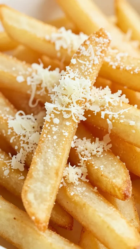 golden fries topped with grated parmesan and garlic, close-up