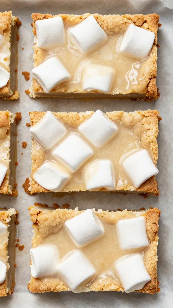 gooey marshmallow-blistered cookie bars on parchment, overhead shot