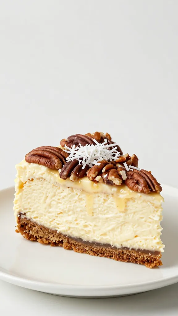 Slice of Italian cream cake with pecans and coconut