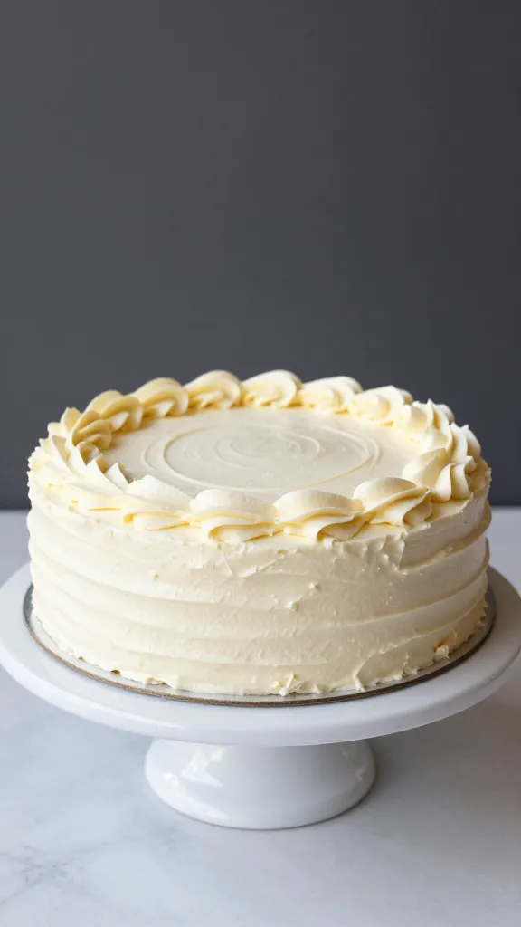Italian cream cake with cream cheese frosting on white stand