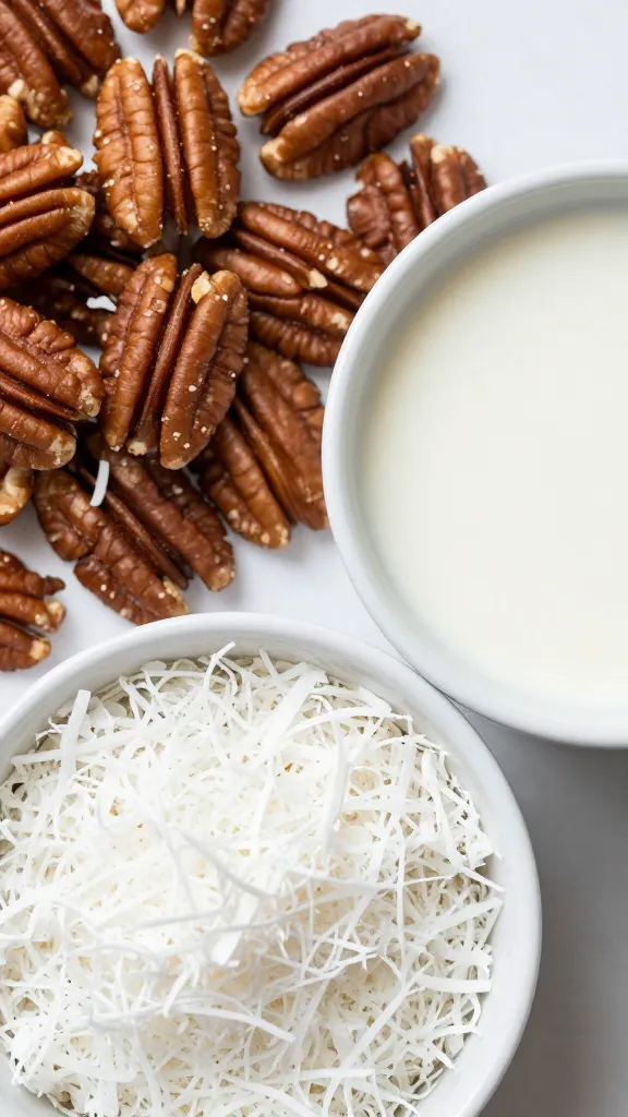 Overhead shot: toasted pecans, shredded coconut, and buttermilk bowls