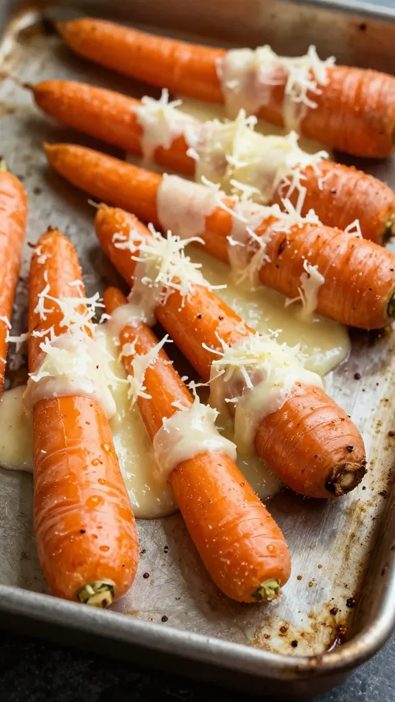 smashed carrots with melted parmesan on sheet pan