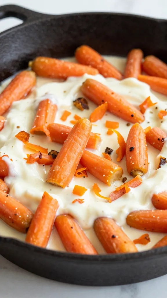 creamy smashed baby carrots, golden edges, cast-iron skillet
