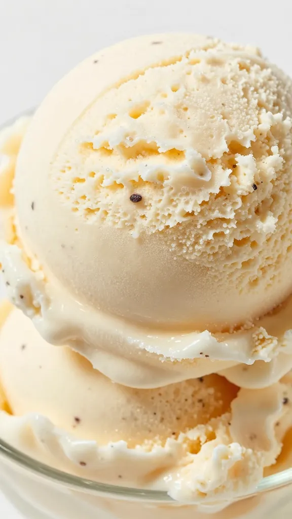 Scoop of vanilla bean ice cream, visible freckles, macro