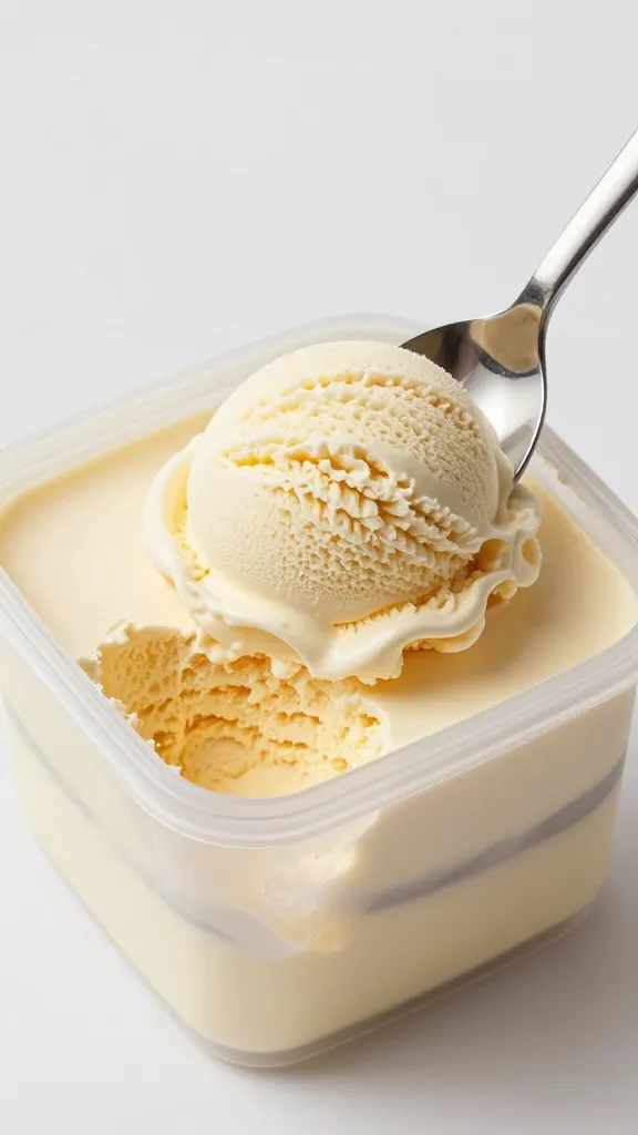 Vanilla ice cream in frosty Creami container, silver spoon