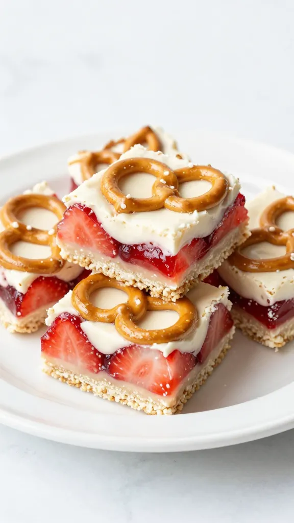 Strawberry pretzel jello bars on white ceramic plate