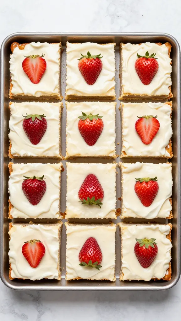 Strawberry pretzel dessert bars in 9x13 pan, overhead