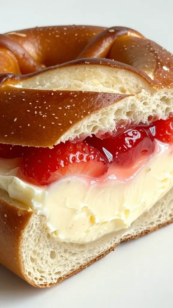 Close-up slice showing pretzel crust, cream cheese layer, strawberry gelatin