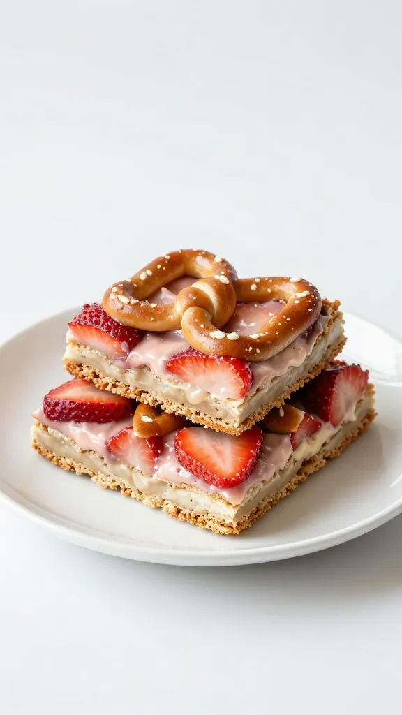 Chilled strawberry pretzel bars on white plate, clean backdrop