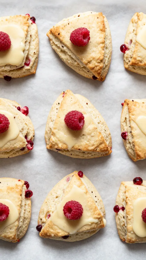 raspberry white chocolate scones on parchment, overhead shot
