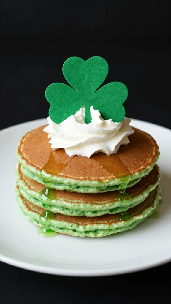 Green shamrock pancakes with whipped cream, overhead lighting