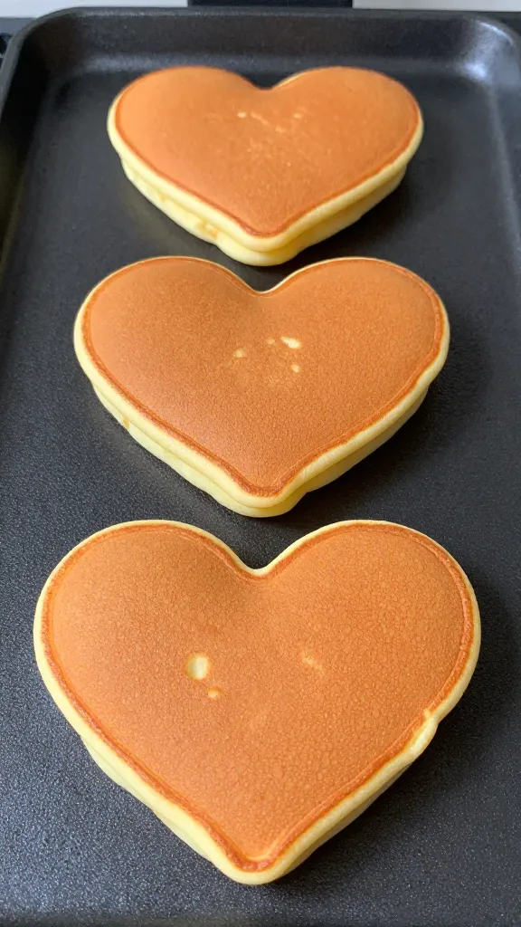 Heart-shaped clover pancakes on griddle, golden edges