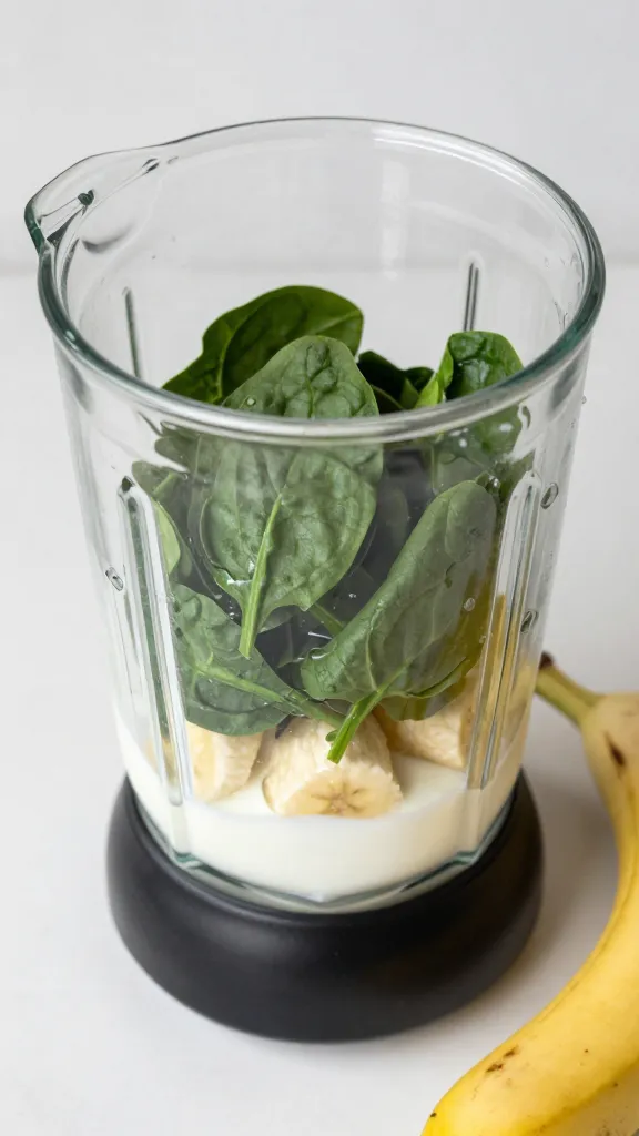 Travel Solo As A Women All Across The Globe!!! Blender jar with spinach, banana, yogurt, overhead shot