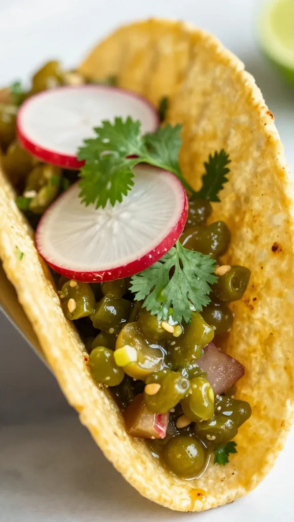 Travel Solo As A Women All Across The Globe!!! Close-up taco with green chile salsa, cilantro, radish slices