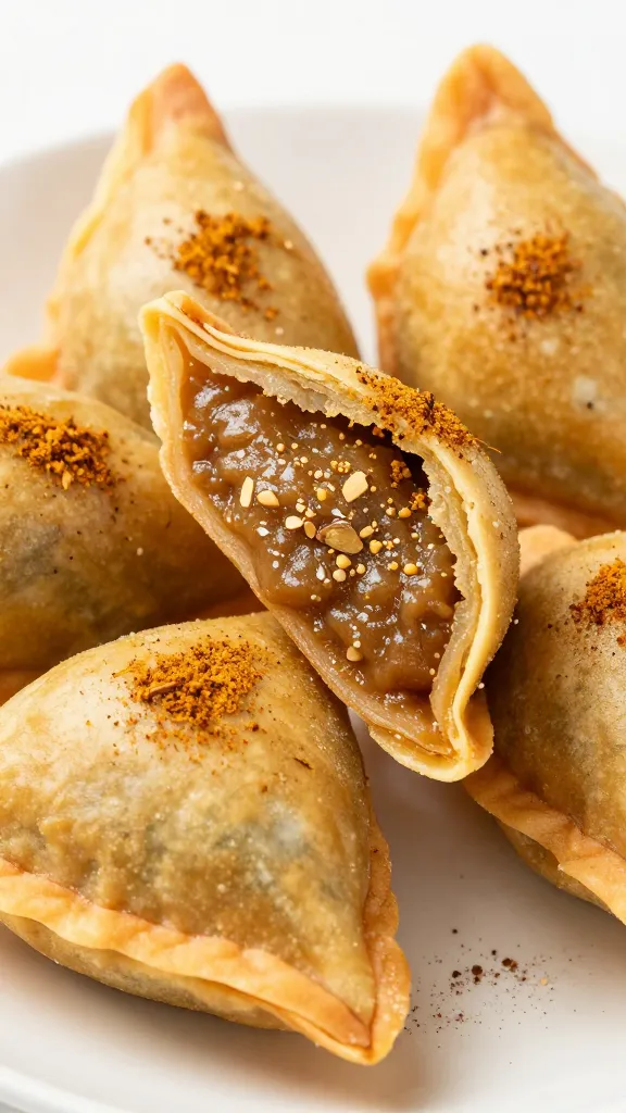 Open gujiya showing khoya-nut filling, cardamom dusted