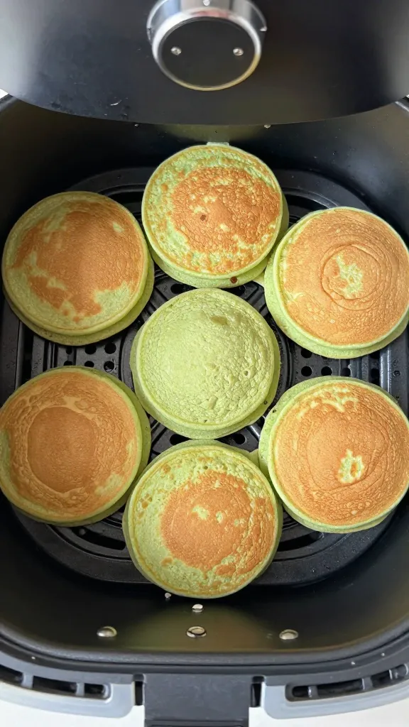 Travel Solo As A Women All Across The Globe!!! air fryer basket with fluffy green pancakes, overhead shot