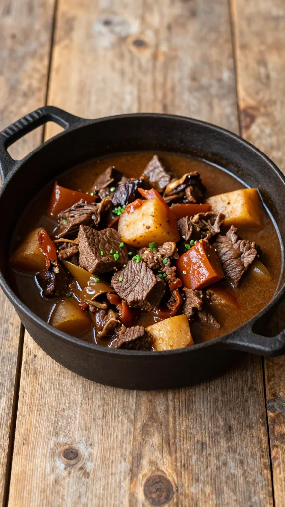 Travel Solo As A Women All Across The Globe!!! Guinness beef stew in cast-iron pot, rustic wooden table