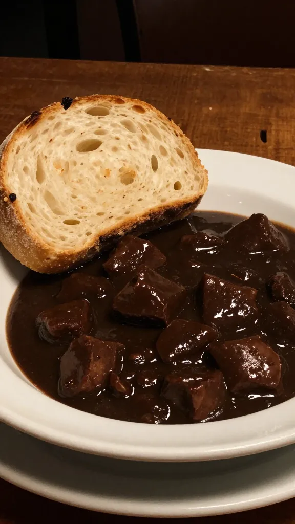 Travel Solo As A Women All Across The Globe!!! Crusty bread beside dark, malty stew, cozy pub lighting