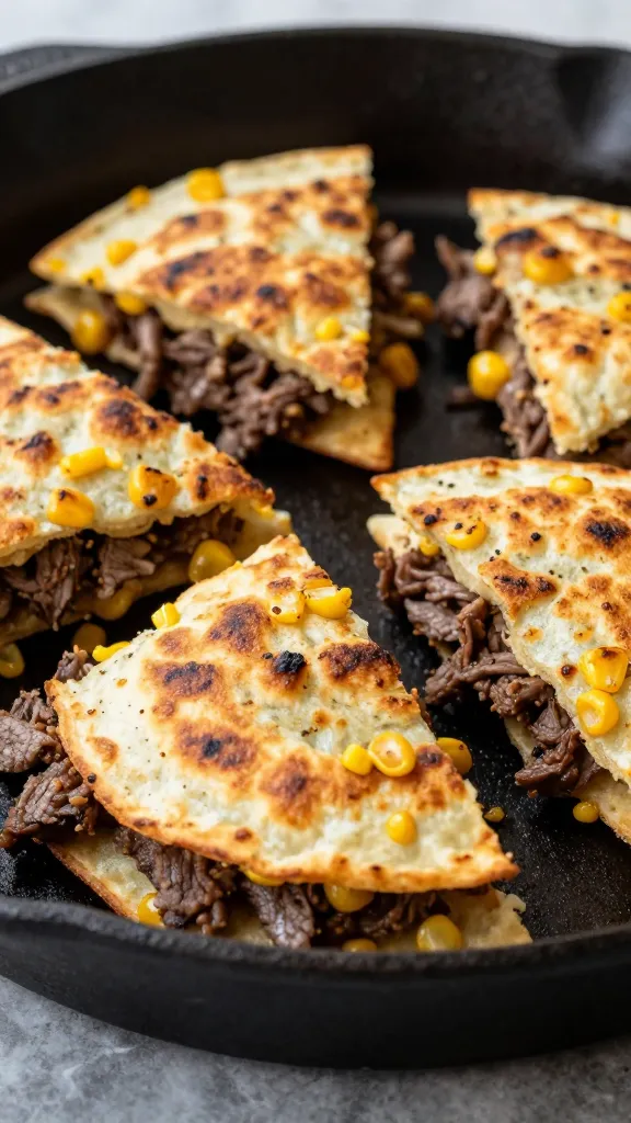 Crispy corned beef quesadilla wedges on cast-iron skillet