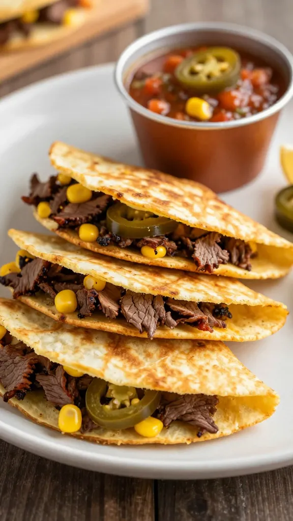 Golden tortilla quesadilla with corned beef, jalapeños, salsa cup