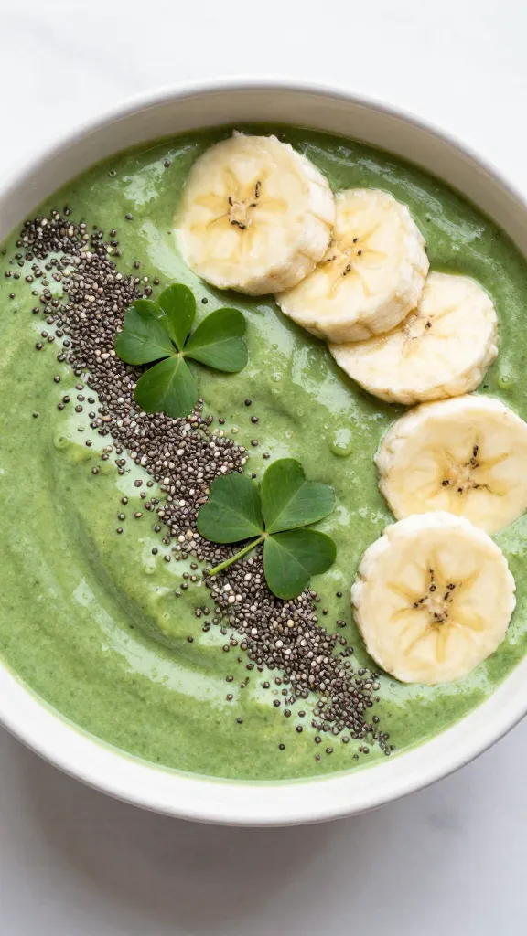 Shamrock green smoothie bowl with banana slices and chia
