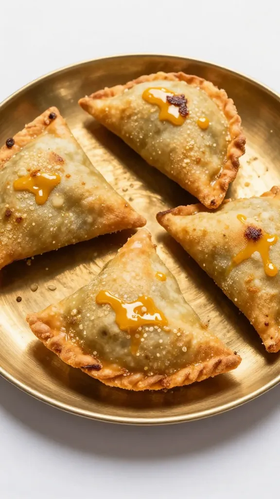 Gujiya dumplings on brass plate, crisp edges, ghee shine