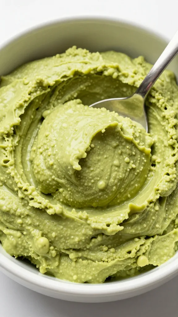 creamy matcha-avocado spread in bowl with spoon, close-up