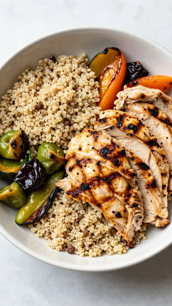 grilled chicken buddha bowl with quinoa, roasted vegetables