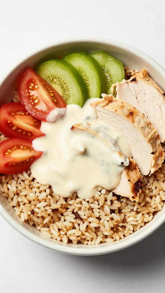 colorful buddha bowl with brown rice, sliced chicken, creamy sauce