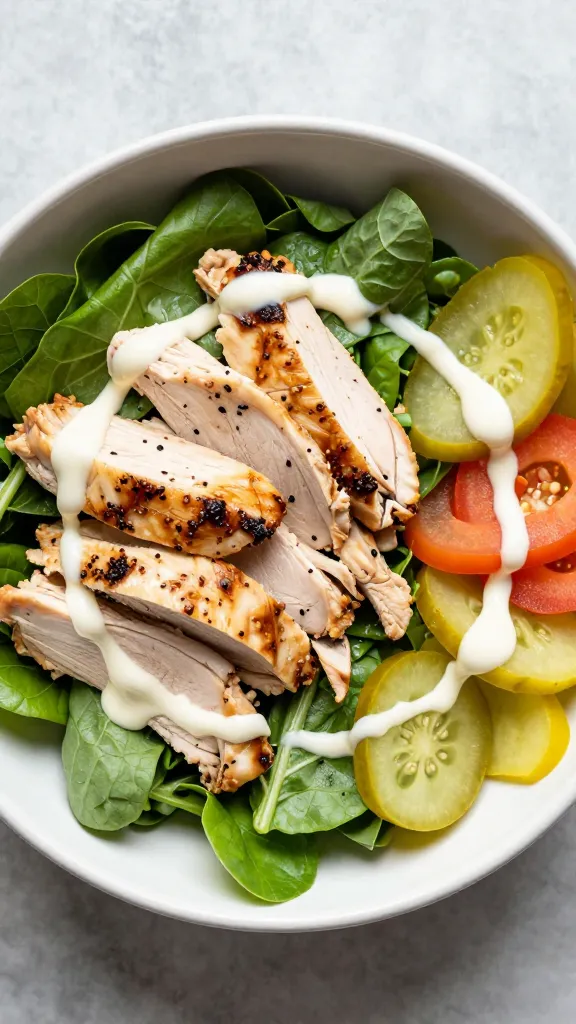 overhead chicken buddha bowl with greens, pickled veggies, drizzle