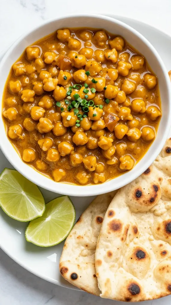 Overhead chickpea curry with naan and lime wedges
