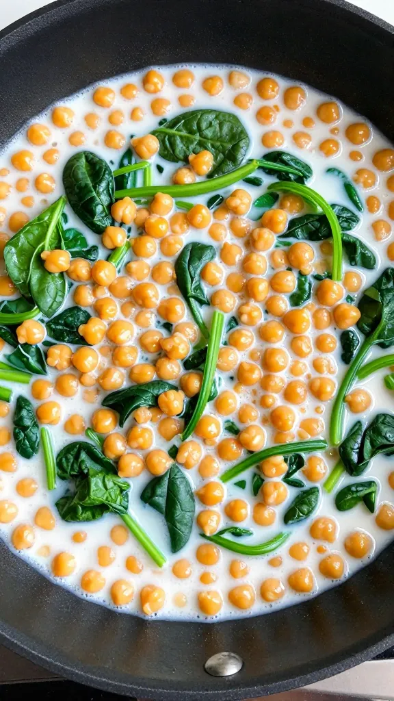 Simmering chickpeas, spinach, and coconut milk in skillet
