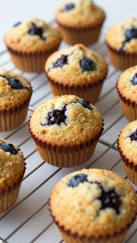 blueberry cornmeal muffins on cooling rack, jammy bursts