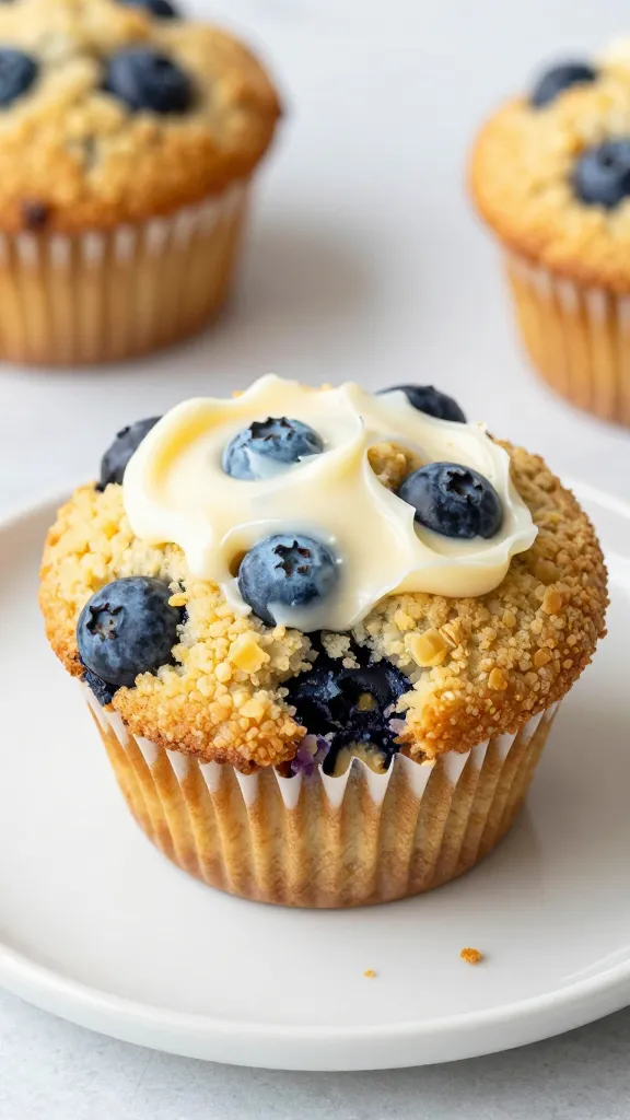 split blueberry cornmeal muffin with buttermilk smear, crumbs