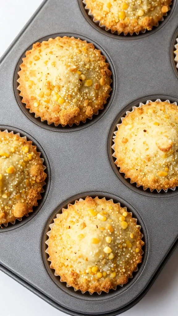 muffin tin with golden cornmeal muffins, crunchy edges, overhead