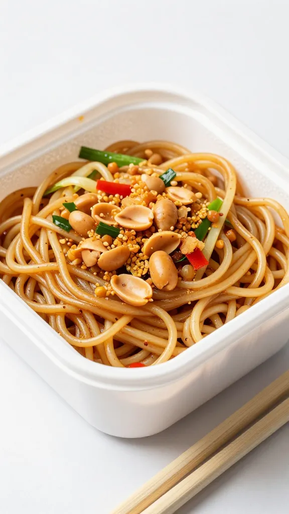 takeout container of peanut noodles with crunchy veggies, chopsticks