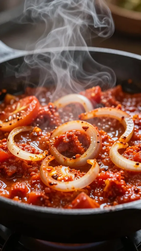 Travel Solo As A Women All Across The Globe!!! Tomato-onion masala sizzling in cast iron pan, smoky steam