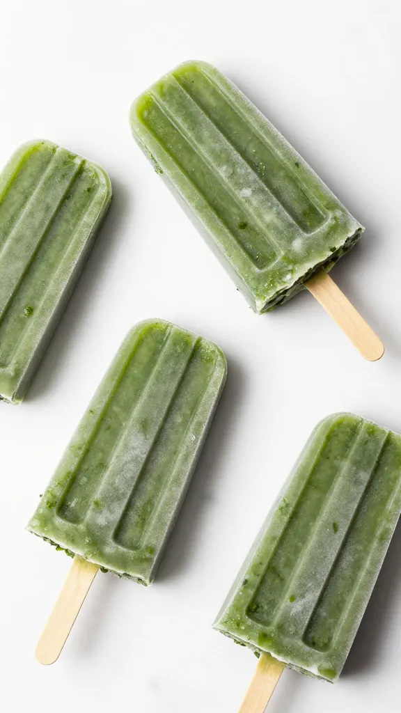 Spinach-packed green popsicles on white marble background