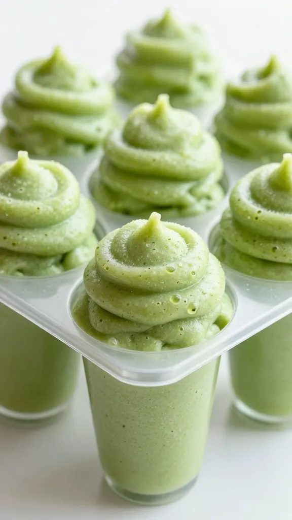 Frosty green smoothie pops in clear mold, natural light