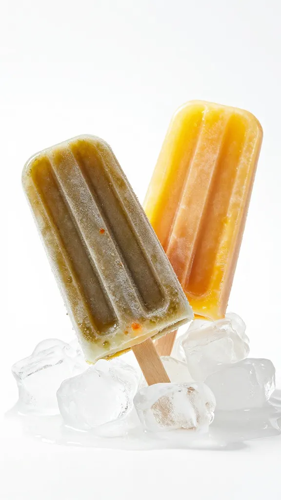 Kale and mango popsicles on melting ice, studio shot