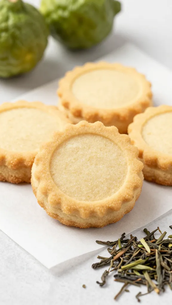 Earl Grey shortbread on parchment, tea leaves and zested bergamot