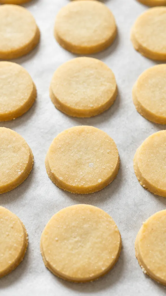 Butter-sugar-tea shortbread dough, sliced rounds on baking sheet