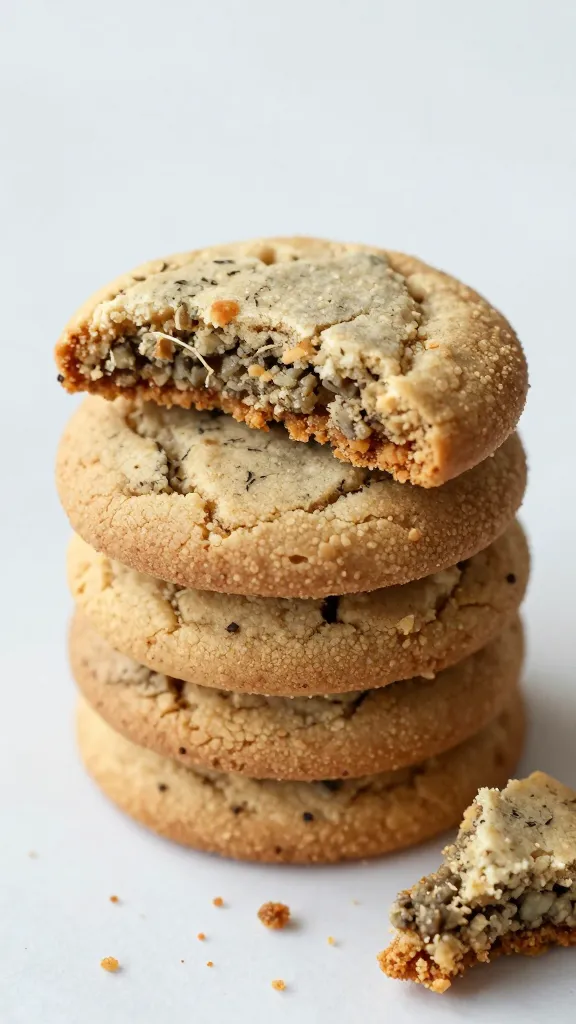 Stack of crumbly Earl Grey cookies, crumbs, soft natural light