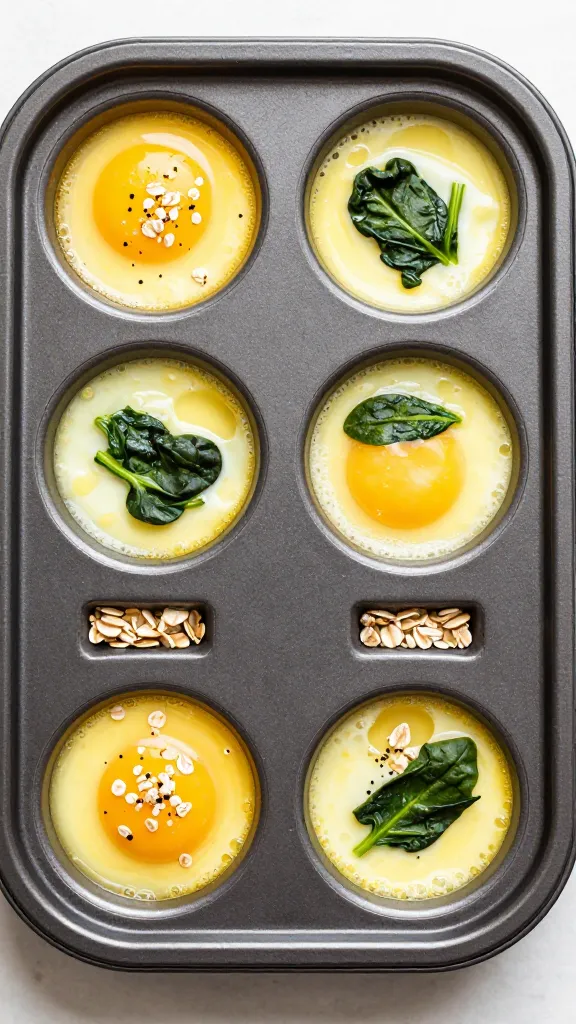 Meal-prepped egg muffins in lunchbox with oats and spinach