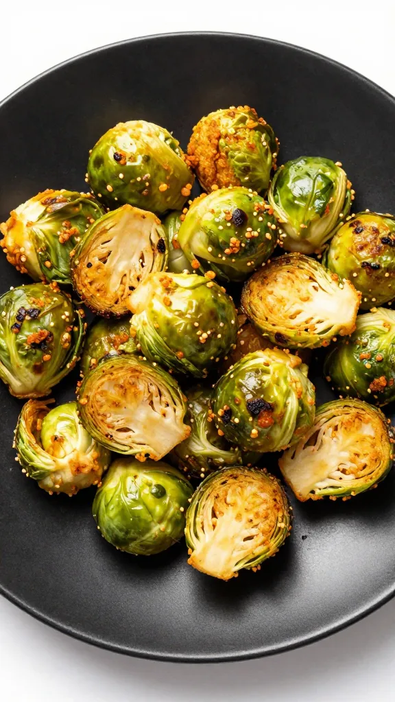 Crispy air-fried Brussels sprouts on matte black plate