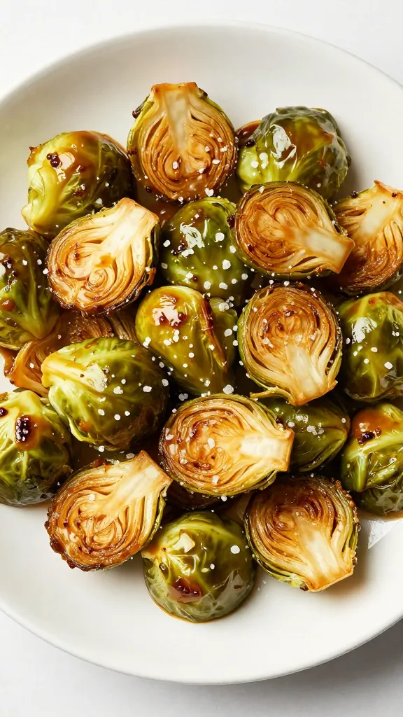 Caramelized Brussels sprout halves with flaky salt, overhead
